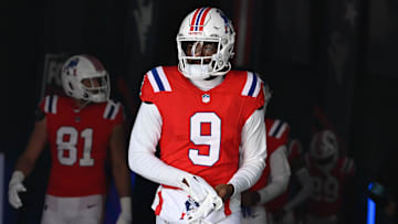 Dec 1, 2024; Foxborough, Massachusetts, USA; New England Patriots wide receiver Kayshon Boutte (9) walks out of the player's tunnel before a game against the Indianapolis Colts at Gillette Stadium. Mandatory Credit: Eric Canha-Imagn Images