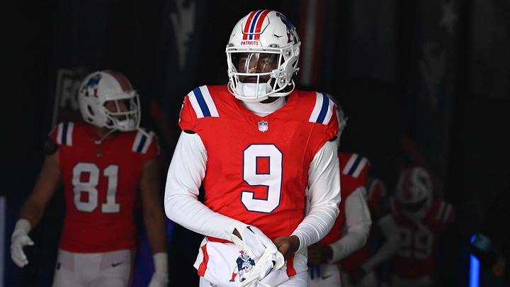 Dec 1, 2024; Foxborough, Massachusetts, USA; New England Patriots wide receiver Kayshon Boutte (9) walks out of the player's tunnel before a game against the Indianapolis Colts at Gillette Stadium. Mandatory Credit: Eric Canha-Imagn Images