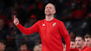 Feb 1, 2025; Atlanta, Georgia, USA; Louisville Cardinals head coach Pat Kelsey on the sideline against the Georgia Tech Yellow Jackets in the first half at McCamish Pavilion. Mandatory Credit: Brett Davis-Imagn Images