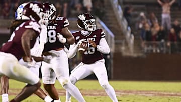 Nov 4, 2023; Starkville, Mississippi, USA; Mississippi State Bulldogs quarterback Chris Parson (16) looks to pass against the Kentucky Wildcats during the fourth quarter at Davis Wade Stadium at Scott Field. Mandatory Credit: Matt Bush-Imagn Images