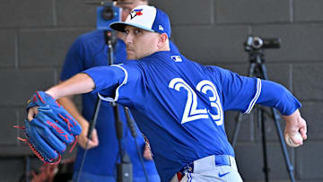 Feb 14, 2025; Dunedin, FL, USA; Toronto Blue Jays pitcher Jeff Hoffman (23) pitches during spring training at Cecil B. Englebert Complex.