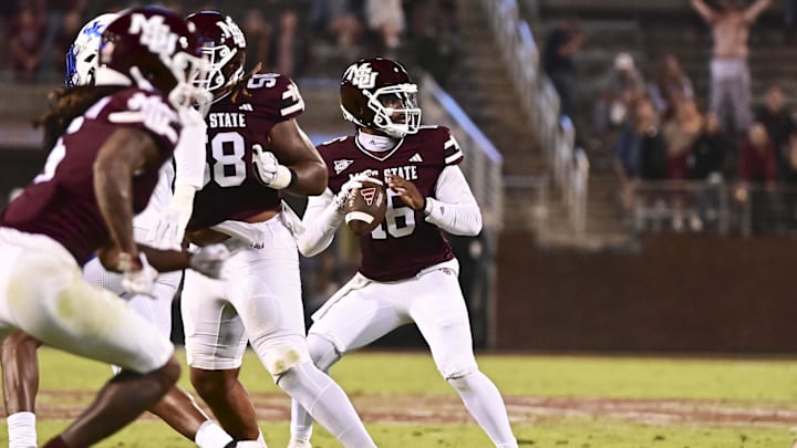 Nov 4, 2023; Starkville, Mississippi, USA; Mississippi State Bulldogs quarterback Chris Parson (16) looks to pass against the Kentucky Wildcats during the fourth quarter at Davis Wade Stadium at Scott Field. Mandatory Credit: Matt Bush-Imagn Images