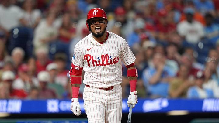 Sep 8, 2026; Philadelphia, Pennsylvania, USA; Philadelphia Phillies infielder Luis Arraez (4) reacts against the Houston Astros in the fourth inning at Citizens Bank Park. Mandatory Credit: Kyle Ross-Imagn Images