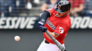 May 14, 2025; Cleveland, Ohio, USA; Cleveland Guardians first baseman Kyle Manzardo (9) hits a home run during the second inning against the Milwaukee Brewers at Progressive Field. Mandatory Credit: Ken Blaze-Imagn Images