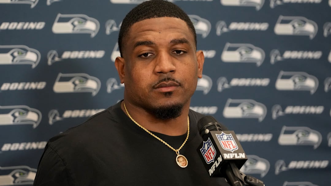Nov 19, 2023; Inglewood, California, USA; Seattle Seahawks safety Quandre Diggs (6) speaks in a press conference after the game against the Los Angeles Rams at SoFi Stadium. 