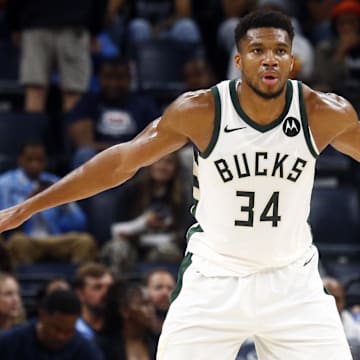 Oct 31, 2024; Memphis, Tennessee, USA; Milwaukee Bucks forward Giannis Antetokounmpo (34) looks on during the first half against the Memphis Grizzlies at FedExForum. Mandatory Credit: Petre Thomas-Imagn Images