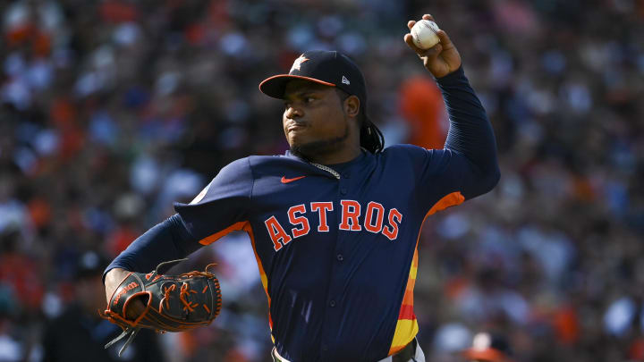 Aug 24, 2024; Baltimore, Maryland, USA;  Houston Astros starting pitcher Framber Valdez (59) throws a third inning pitch against the Baltimore Orioles at Oriole Park at Camden Yards.