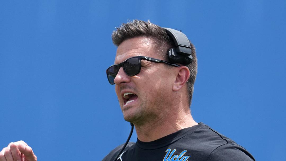 May 2, 2026; Pasadena, CA, USA; UCLA Bruins coach Bob Chesney reacts during the spring game at Rose Bowl. Mandatory Credit: Kirby Lee-Imagn Images