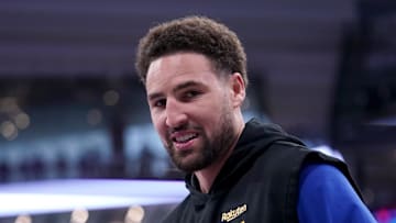 Apr 16, 2024; Sacramento, California, USA; Golden State Warriors guard Klay Thompson (11) warms up before a play-in game against the Sacramento Kings in the 2024 NBA playoffs at the Golden 1 Center. Mandatory Credit: Cary Edmondson-Imagn Images