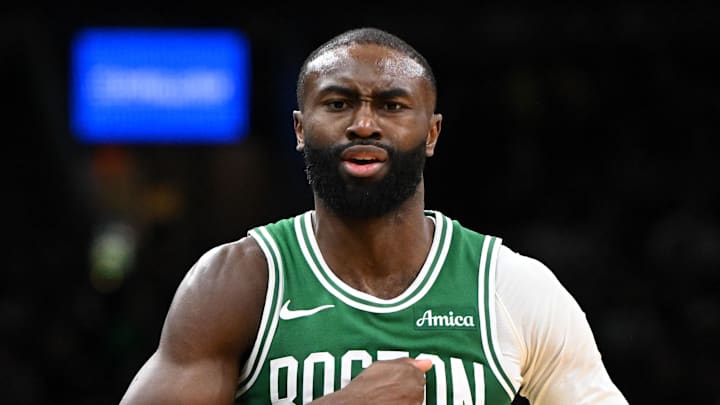 Dec 2, 2025; Boston, Massachusetts, USA; Boston Celtics guard Jaylen Brown (7) reacts after scoring against the New York Knicks during the second half at the TD Garden. Mandatory Credit: Brian Fluharty-Imagn Images