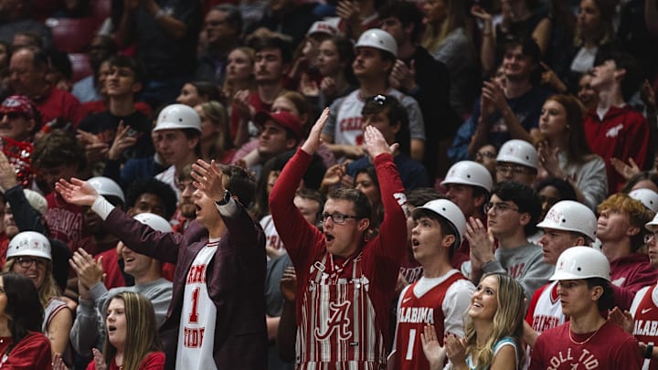 Feb 1, 2025; Tuscaloosa, Alabama, USA; Alabama Crimson Tide fans react during the first half against the Georgia Bulldogs at Coleman Coliseum. Mandatory Credit: Will McLelland-Imagn Images