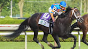 Jun 8, 2024; Saratoga Springs, NY, USA; Dornoch with Luis Saez up (6) in the lead down the final front stretch followed by Mindframe with Irad Ortiz Jr. up (10) during the Belmont Stake at Saratoga Race Course.