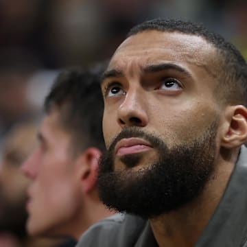 Mar 16, 2024; Salt Lake City, Utah, USA; Minnesota Timberwolves center Rudy Gobert (27) looks on against the Utah Jazz during the fourth quarter at Delta Center. Mandatory Credit: Rob Gray-Imagn Images