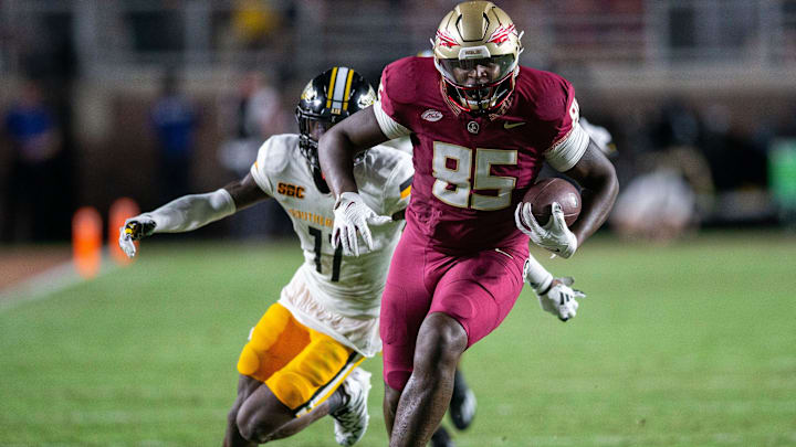 Florida State Seminoles tight end Markeston Douglas (85) makes a run for the end zone. The Florida State Seminoles defeated the Southern Miss Golden Eagles on Saturday, Sept. 9, 2023.