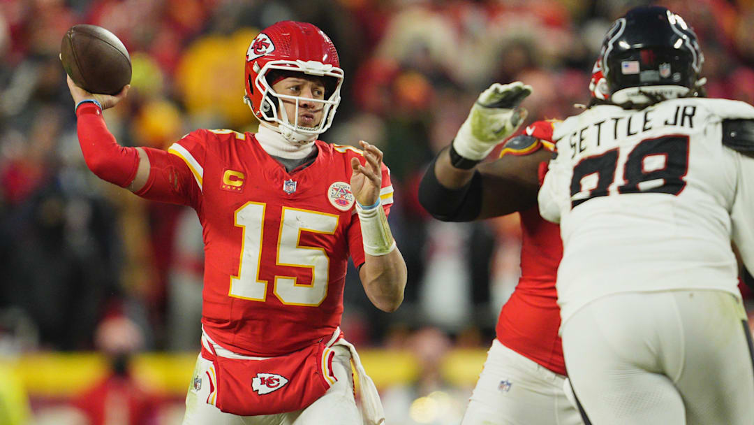 Jan 18, 2025; Kansas City, Missouri, USA; Kansas City Chiefs quarterback Patrick Mahomes (15) throws a pass against the Houston Texans during the third quarter of a 2025 AFC divisional round game at GEHA Field at Arrowhead Stadium. Jan 18, 2025; Kansas City, Missouri, USA; Kansas City Chiefs quarterback Patrick Mahomes (15) throws a pass against the Houston Texans during the third quarter of a 2025 AFC divisional round game at GEHA Field at Arrowhead Stadium.