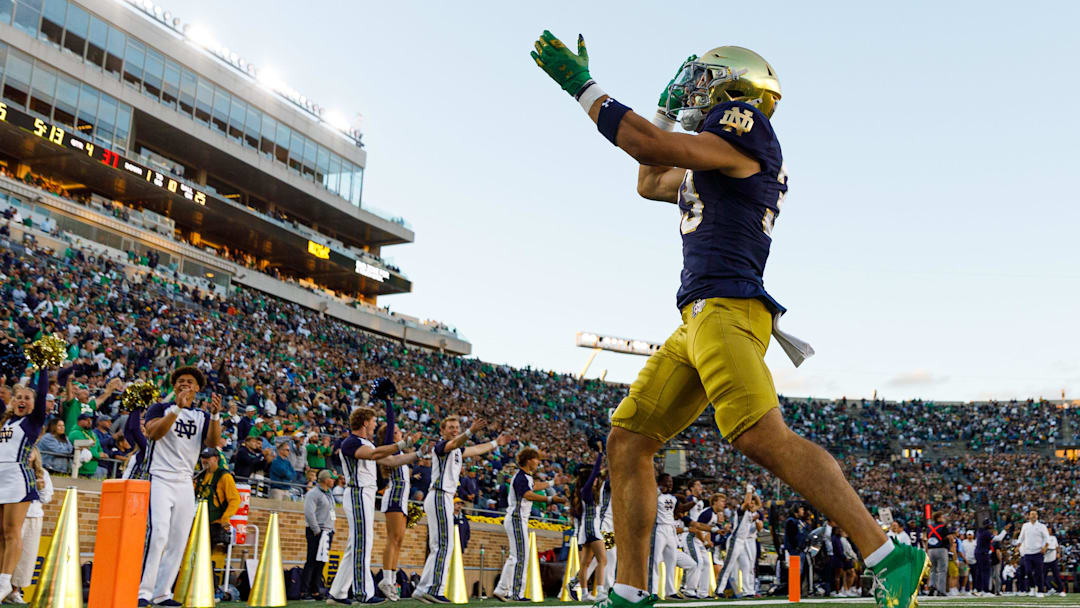 Notre Dame wide receiver Matt Jeffery (33) hypes up the crowd in the second half of a NCAA football game against NC State at Notre Dame Stadium on Saturday, Oct. 11, 2025, in South Bend. Notre Dame wide receiver Matt Jeffery (33) hypes up the crowd in the second half of a NCAA football game against NC State at Notre Dame Stadium on Saturday, Oct. 11, 2025, in South Bend.