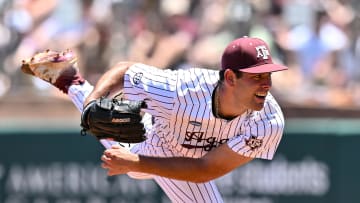 Jun 8, 2024; College Station, TX, USA; Texas A&M pitcher Ryan Prager (18) delivers a pitch during the first inning against the Oregon at Olsen Field, Blue Bell Park Mandatory Credit: Maria Lysaker-USA TODAY Sports