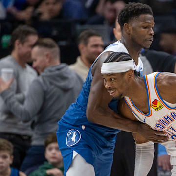 Oklahoma City Thunder guard Shai Gilgeous-Alexander dribbles the ball past Minnesota Timberwolves guard Anthony Edwards in the second half at Target Center in Minneapolis on Jan. 20, 2024.
