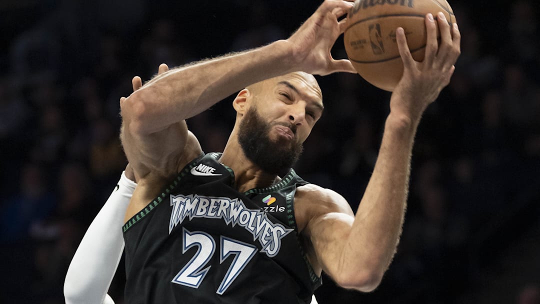Oct 29, 2025; Minneapolis, Minnesota, USA; Minnesota Timberwolves center Rudy Gobert (27) grabs a rebound against the Los Angeles Lakers in the second half at Target Center. Mandatory Credit: Jesse Johnson-Imagn Images Oct 29, 2025; Minneapolis, Minnesota, USA; Minnesota Timberwolves center Rudy Gobert (27) grabs a rebound against the Los Angeles Lakers in the second half at Target Center. Mandatory Credit: Jesse Johnson-Imagn Images