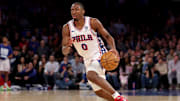 Feb 26, 2025; New York, New York, USA; Philadelphia 76ers guard Tyrese Maxey (0) brings the ball up court against the New York Knicks during the fourth quarter at Madison Square Garden. Mandatory Credit: Brad Penner-Imagn Images