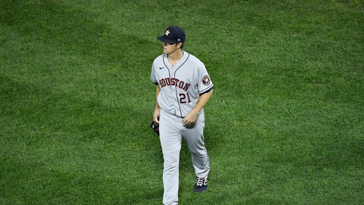 Oct 19, 2021; Boston, Massachusetts, USA; Houston Astros starting pitcher Zack Greinke (21) walks