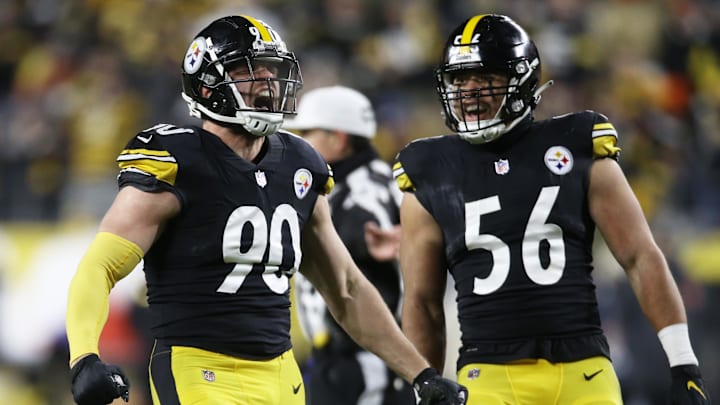 Pittsburgh Steelers outside linebacker T.J. Watt (90) reacts alongside outside linebacker Alex Highsmith (56) 