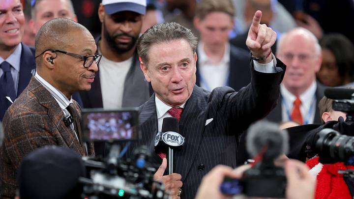 Mar 14, 2026; New York, NY, USA; Fox Sports broadcaster Gus Johnson interviews St. John's Red Storm head coach Rick Pitino after St. John's defeats the Connecticut Huskies in the men's Big East Conference Tournament Championship game at Madison Square Garden.