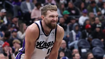 Oct 29, 2024; Salt Lake City, Utah, USA; Sacramento Kings forward Domantas Sabonis (11) reacts to being called for a foul against the Utah Jazz during the third quarter at Delta Center. Mandatory Credit: Rob Gray-Imagn Images