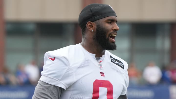 East Rutherford, NJ -- July 24, 2024 -- Outside linebacker Brian Burns during the first day of training camp for the 2024 New York Giants.