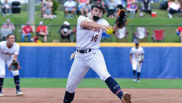 May 11, 2023; Fayetteville, AK, USA;  Auburn Tigers pitcher Annabelle Widra (66) throws a pitch during a quarterfinal game against the Ole Miss Rebels in the SEC Softball Tournament. Mandatory Credit: Brett Rojo-USA TODAY Sports
