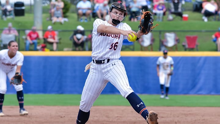 May 11, 2023; Fayetteville, AK, USA;  Auburn Tigers pitcher Annabelle Widra (66) throws a pitch during a quarterfinal game against the Ole Miss Rebels in the SEC Softball Tournament. Mandatory Credit: Brett Rojo-USA TODAY Sports