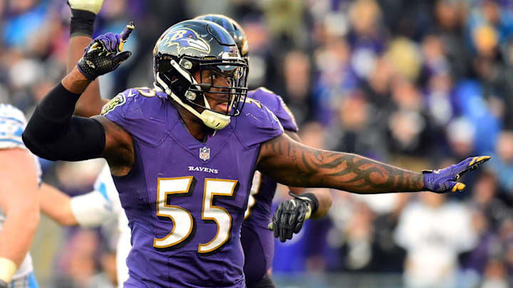 Dec 3, 2017; Baltimore, MD, USA; Baltimore Ravens linebacker Terrell Suggs (55) celebrates after a sack in the fourth quarter against the Detroit Lions at M&T Bank Stadium. Mandatory Credit: Evan Habeeb-Imagn Images