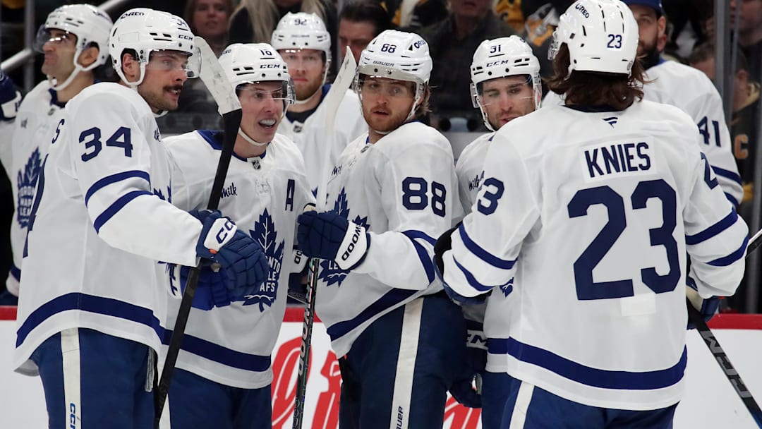 Dec 7, 2024; Pittsburgh, Pennsylvania, USA;  Toronto Maple Leafs right wing William Nylander (88) celebrates with teammates after scoring a goal against the Pittsburgh Penguins during the second period at PPG Paints Arena. Mandatory Credit: Charles LeClaire-Imagn Images