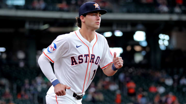 Apr 30, 2024; Houston, Texas, USA; Houston Astros left fielder Joey Loperfido (10) takes the field to warm up prior to the game against the Cleveland Guardians at Minute Maid Park