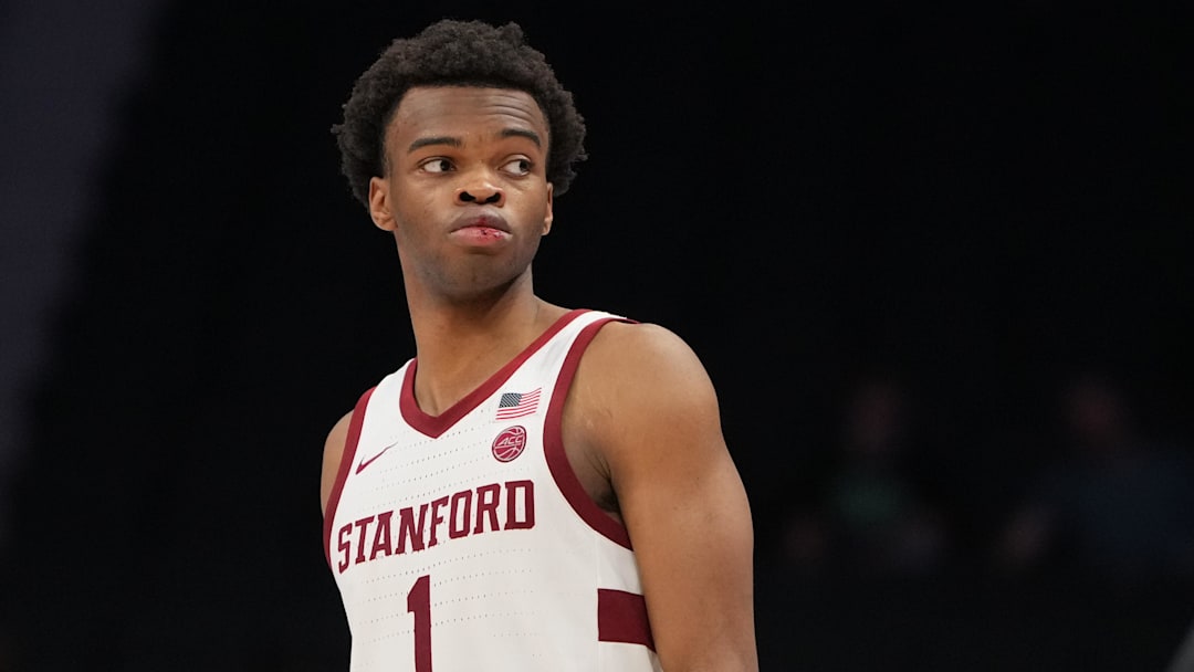Mar 10, 2026; Charlotte, NC, USA; Stanford Cardinal guard Ebuka Okorie (1) on the court in the second half at Spectrum Center. Mandatory Credit: Bob Donnan-Imagn Images Mar 10, 2026; Charlotte, NC, USA; Stanford Cardinal guard Ebuka Okorie (1) on the court in the second half at Spectrum Center. Mandatory Credit: Bob Donnan-Imagn Images