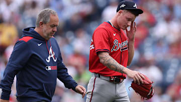 Atlanta Braves pitcher AJ Smith-Shawver (32) leaves the game during the third inning against the Philadelphia Phillies at Citizens Bank Park.