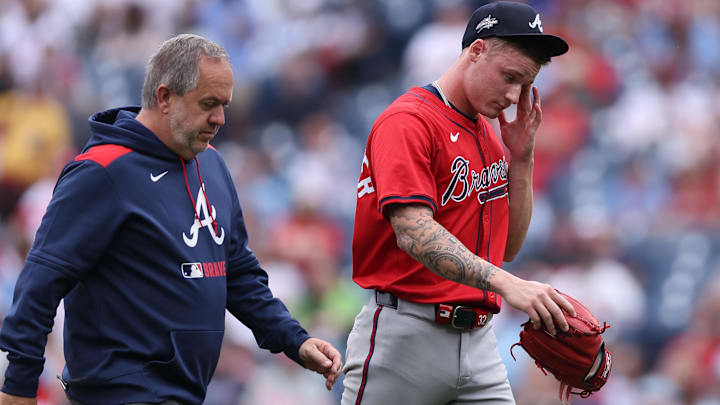 Atlanta Braves pitcher AJ Smith-Shawver (32) leaves the game during the third inning against the Philadelphia Phillies at Citizens Bank Park.