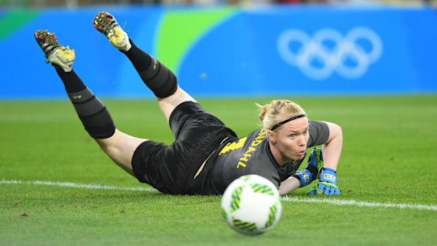 Sweden goalkeeper Hedvig Lindahl makes a save against Germany during the women's soccer gold medal match at Rio 2016.