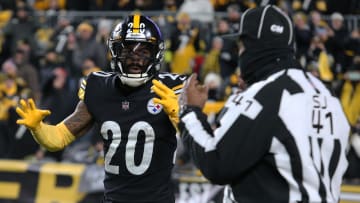 Jan 3, 2022; Pittsburgh, Pennsylvania, USA; Pittsburgh Steelers cornerback Cameron Sutton (20) reacts to side judge Boris Cheek (41) after being called for pass interference against the Cleveland Browns during the fourth quarter at Heinz Field. The Steelers won 26-14. Mandatory Credit: Charles LeClaire-USA TODAY Sports