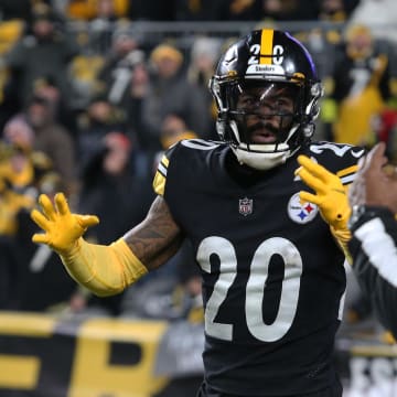 Jan 3, 2022; Pittsburgh, Pennsylvania, USA; Pittsburgh Steelers cornerback Cameron Sutton (20) reacts to side judge Boris Cheek (41) after being called for pass interference against the Cleveland Browns during the fourth quarter at Heinz Field. The Steelers won 26-14. Mandatory Credit: Charles LeClaire-USA TODAY Sports