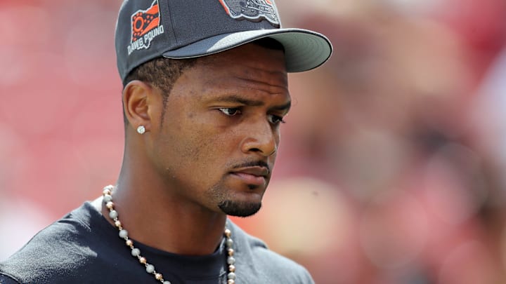 Browns quarterback Deshaun Watson heads back to the locker room before a preseason game, Saturday, Aug. 17, 2024, in Cleveland.