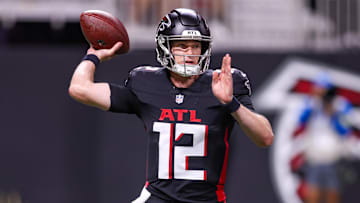 Aug 8, 2025; Atlanta, Georgia, USA; Atlanta Falcons quarterback Easton Stick (12) throws a pass against the Detroit Lions in the first quarter at Mercedes-Benz Stadium. Mandatory Credit: Brett Davis-Imagn Images
