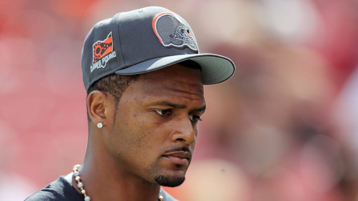 Cleveland Browns quarterback Deshaun Watson (4) heads back to the locker room before an NFL preseason football game at Cleveland Browns Stadium, Saturday, Aug. 17, 2024, in Cleveland, Ohio.