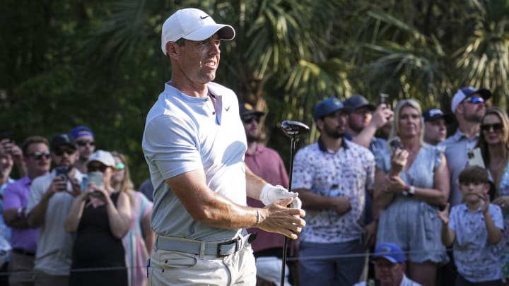 Mar 15, 2024; Ponte Vedra Beach, Florida, USA; Rory McIlroy watches his shot on the 15th tee during