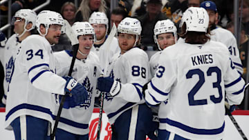 Dec 7, 2024; Pittsburgh, Pennsylvania, USA;  Toronto Maple Leafs right wing William Nylander (88) celebrates with teammates after scoring a goal against the Pittsburgh Penguins during the second period at PPG Paints Arena. Mandatory Credit: Charles LeClaire-Imagn Images