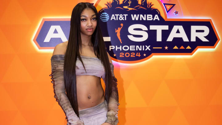 Jul 20, 2024; Phoenix, AZ, USA; Chicago Sky player Angel Reese arrives prior to the WNBA All Star Game at Footprint Center. 