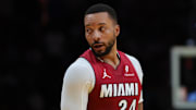 Nov 7, 2025; Miami, Florida, USA; Miami Heat guard Norman Powell (24) looks on against the Charlotte Hornets during the second quarter of an NBA Cup game at Kaseya Center. Mandatory Credit: Sam Navarro-Imagn Images