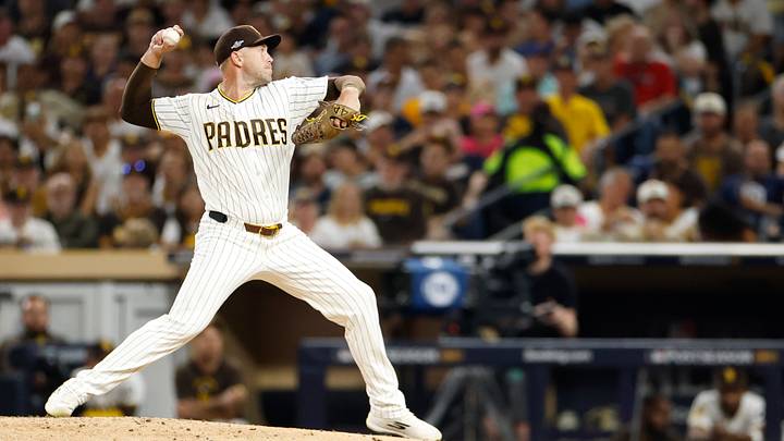 Oct 7, 2026; San Diego, California, USA;  San Diego Padres pitcher Jason Adam (40) pitches during the sixth inning against the Milwaukee Brewers in game four of the NLDS for the 2026 MLB Playoffs at Petco Park.  Mandatory Credit: David Frerker-Imagn Images