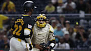 San Diego Padres catcher Luis Campusano (12) tags Pittsburgh Pirates designated hitter Andrew McCutchen (22) out at home plate during the tenth inning at PNC Park. San Diego won 9-8 in ten innings on Aug. 7, 2024.