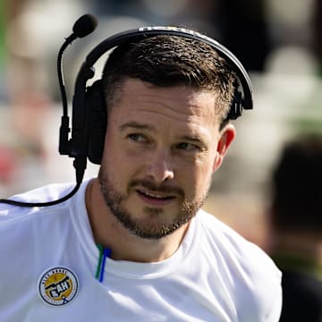 Nov 18, 2023; Tempe, Arizona, USA; Oregon Ducks head coach Dan Lanning against the Arizona State Sun Devils at Mountain America Stadium. Mandatory Credit: Mark J. Rebilas-Imagn Images
